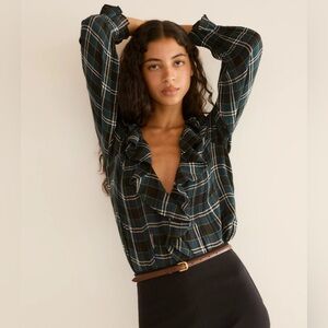 Doen Plaid Ruffle Blouse in Green and Blue